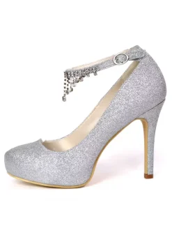 Women's Rhinestones Ankle Strap Round Toe Bridal Pumps