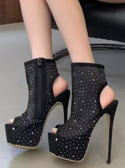 Women's Sexy Shoes Mesh Platform Open Toe Rhinestones High Heel Booties