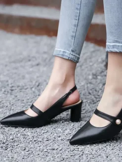 Women's Slingback Heels Pointed Toe Mary Jane Chunky Heel Pumps Vintage Shoes