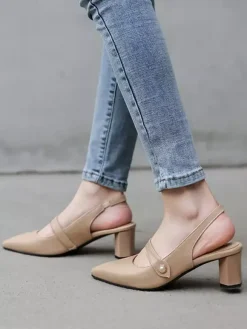 Women's Slingback Heels Pointed Toe Mary Jane Chunky Heel Pumps Vintage Shoes