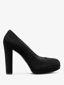 Women's Suede Heels Platform Round Toe Chunky Heel Pumps