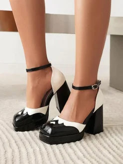 Women's Two Tone Ankle Strap Block Heel Pumps