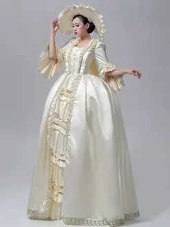 Women's Victorian Dress Champagne Long Sleeves Retro Ball Gown With Hat
