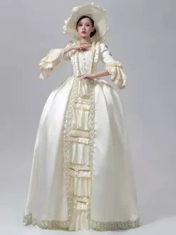 Women's Victorian Dress Champagne Long Sleeves Retro Ball Gown With Hat