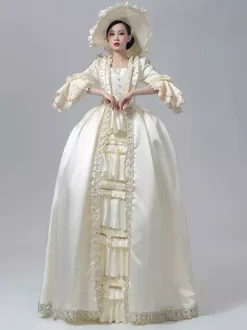 Women's Victorian Dress Champagne Long Sleeves Retro Ball Gown With Hat