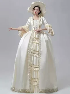Women's Victorian Dress Champagne Long Sleeves Retro Ball Gown With Hat
