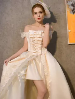 Women's Victorian Retro Dress Champagne Rococo Royal Princess Off The Shoulder Satin Costumes Dress