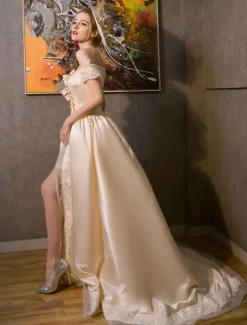 Women's Victorian Retro Dress Champagne Rococo Royal Princess Off The Shoulder Satin Costumes Dress