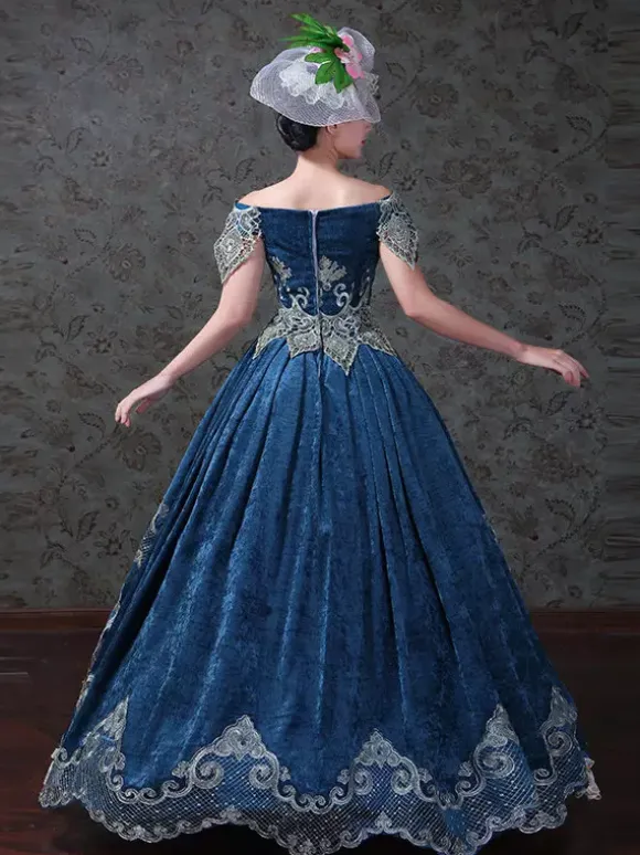 Womens Vintage Victorian Rococo Dress Off Shoulder Floral Printed Ball Gown Dress