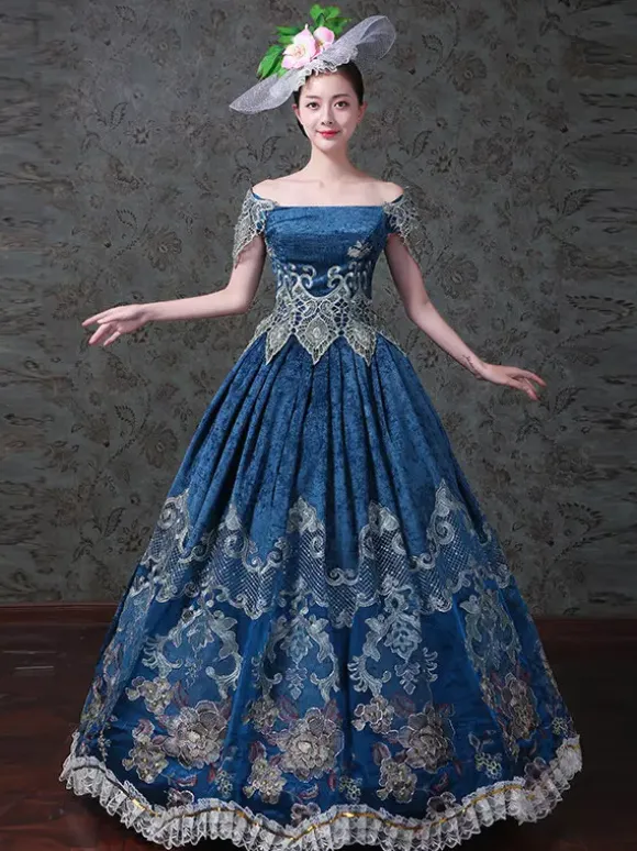 Womens Vintage Victorian Rococo Dress Off Shoulder Floral Printed Ball Gown Dress