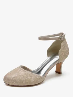 Women's Wedding Shoes Satin White Round Toe Rhinestones Chunky Heel Bridal Shoes