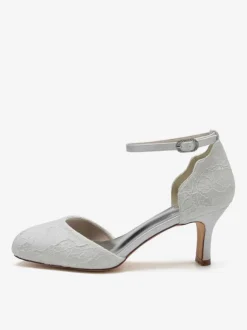 Women's Wedding Shoes Satin White Round Toe Rhinestones Chunky Heel Bridal Shoes