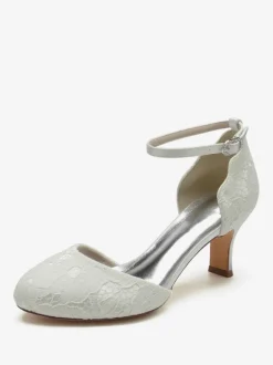 Women's Wedding Shoes Satin White Round Toe Rhinestones Chunky Heel Bridal Shoes