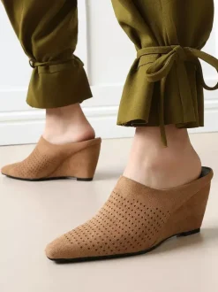 Women's Wedge Mules Pointed Toe Micro Suede Upper Wedge Shoes
