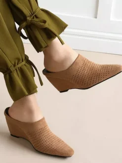 Women's Wedge Mules Pointed Toe Micro Suede Upper Wedge Shoes