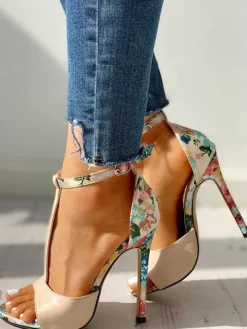 Womens Yellow T-Strap Heels Floral Print Stiletto Heel Sandals