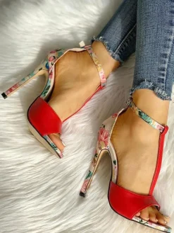 Womens Yellow T-Strap Heels Floral Print Stiletto Heel Sandals