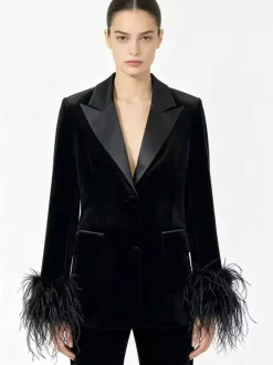 Women Satin Lapel Velvet Blazer With Feather Cuff Trim
