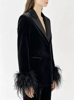 Women Satin Lapel Velvet Blazer With Feather Cuff Trim