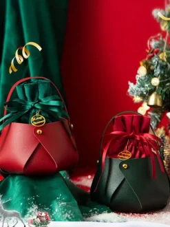 Women's Bags Burgundy Corduroy Round Ring Handle Two-Tone Metal Details Lace-up Christmas Bag