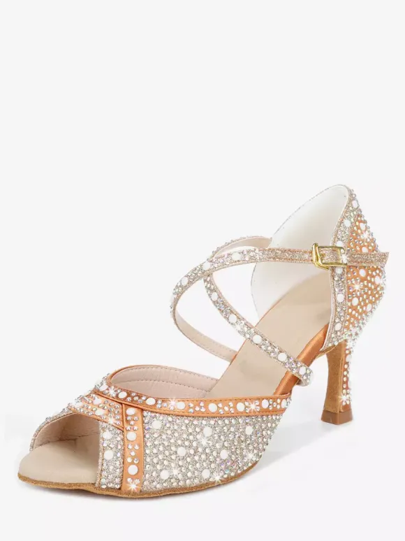 Women's Ballroom Dance Shoes Satin Rhinestones Peep Toe High Heel Latin Dance Shoes