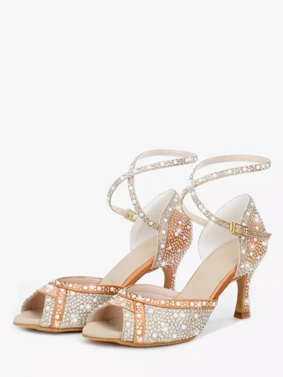 Women's Ballroom Dance Shoes Satin Rhinestones Peep Toe High Heel Latin Dance Shoes