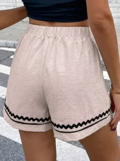 Women's Beige Elastic Waist Shorts With Black Wavy Trim Casual High Waisted Loose Summer Shorts