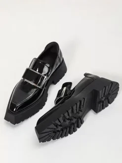 Women's Black Loafers Metal Details Platform Slip On Loafer Shoes