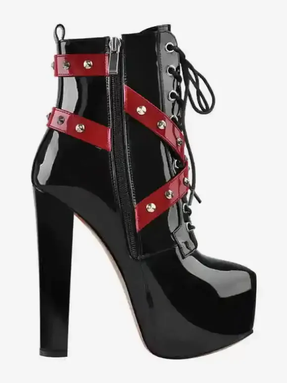 Women's Black Rivets Sexy Booties Platform Round Toe Chunky Heel Ankle Boots