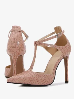 Womens Black T Strap Heels Pointed Toe Stiletto Prom Heel Pumps