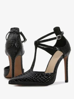 Womens Black T Strap Heels Pointed Toe Stiletto Prom Heel Pumps