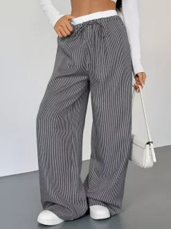 Women's Black White Striped Wide Leg Pants Contrast Elastic Waist Drawstring Casual Trousers