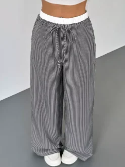 Women's Black White Striped Wide Leg Pants Contrast Elastic Waist Drawstring Casual Trousers