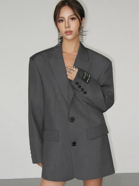 Women's Blazer Long Bold Shoulder Lapel Button Outerwear
