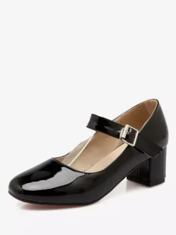 Women's Block Heel Pumps Patent Mary Jane Square Toe Low Heel Shoes in Burgundy Vintage Shoes