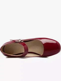 Women's Block Heel Pumps Patent Mary Jane Square Toe Low Heel Shoes in Burgundy Vintage Shoes