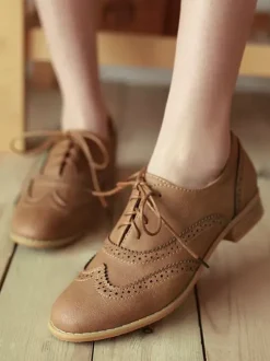 Women's Brown Lace Up Wingtip Brogues Casual Oxfords