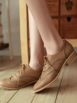Women's Brown Lace Up Wingtip Brogues Casual Oxfords