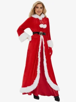 Women's Christmas Dress Red Polyester Fiber Gloves Dress Sash Polyester Two-Tone Christmas Holidays Costumes