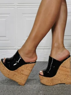 Women's Cork Wedge Mule Sandals in Patent Leather