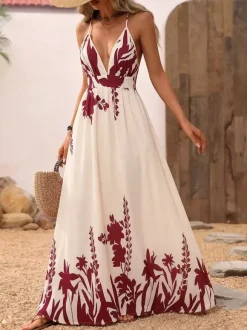 Women's Cream Burgundy Floral Print Spaghetti Strap Maxi Dress Deep V Neck Flowy Summer Beach Dress