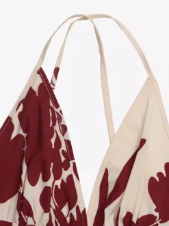 Women's Cream Burgundy Floral Print Spaghetti Strap Maxi Dress Deep V Neck Flowy Summer Beach Dress