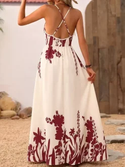 Women's Cream Burgundy Floral Print Spaghetti Strap Maxi Dress Deep V Neck Flowy Summer Beach Dress