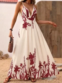 Women's Cream Burgundy Floral Print Spaghetti Strap Maxi Dress Deep V Neck Flowy Summer Beach Dress