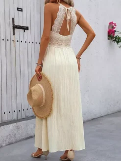 Women's Cream White Lace Waist Spaghetti Strap Maxi Dress V Neck Flowy Summer Beach Dress