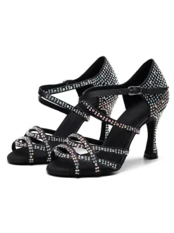 Women's Customized Latin Dance Shoes Black Open Toe Luxury Rhinestones Ballroom Dance Shoes