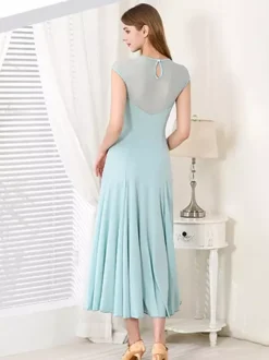 Womens Dance Dress Mesh Round Collar Short Sleeves Pleated Skirt Ballroom Dance Costumes