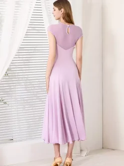 Womens Dance Dress Mesh Round Collar Short Sleeves Pleated Skirt Ballroom Dance Costumes