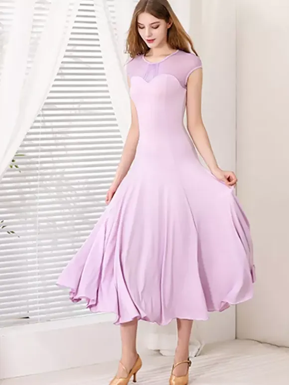 Womens Dance Dress Mesh Round Collar Short Sleeves Pleated Skirt Ballroom Dance Costumes