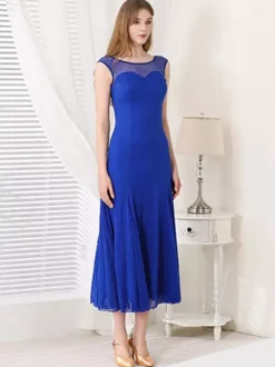 Womens Dance Dress Round Collar Sleeveless Mesh Ballroom Dance Costumes